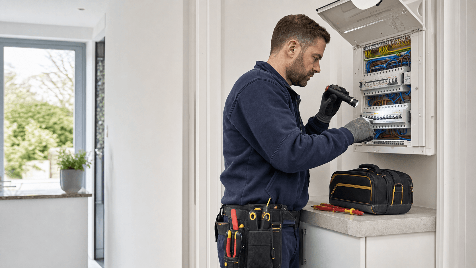 Qualified electrician inspecting a consumer unit