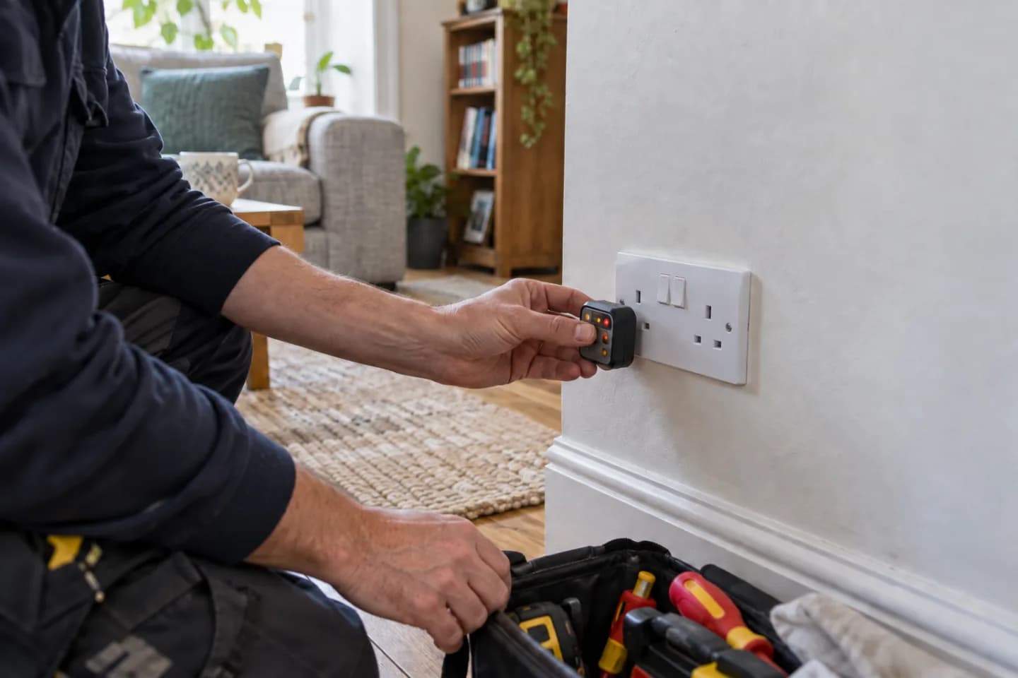 Electrician testing a UK household socket