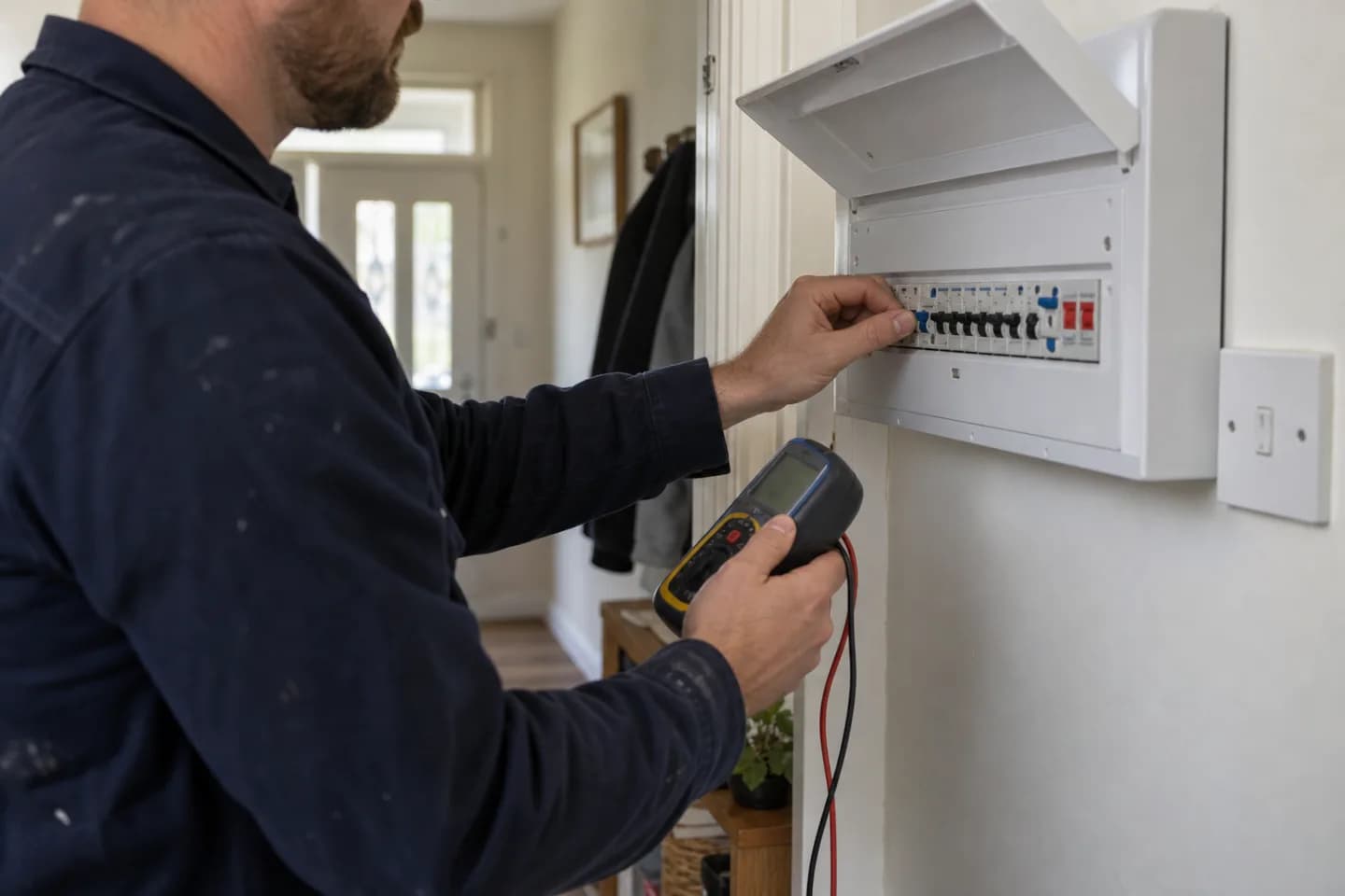 Electrician safely checking an RCD at a closed consumer unit